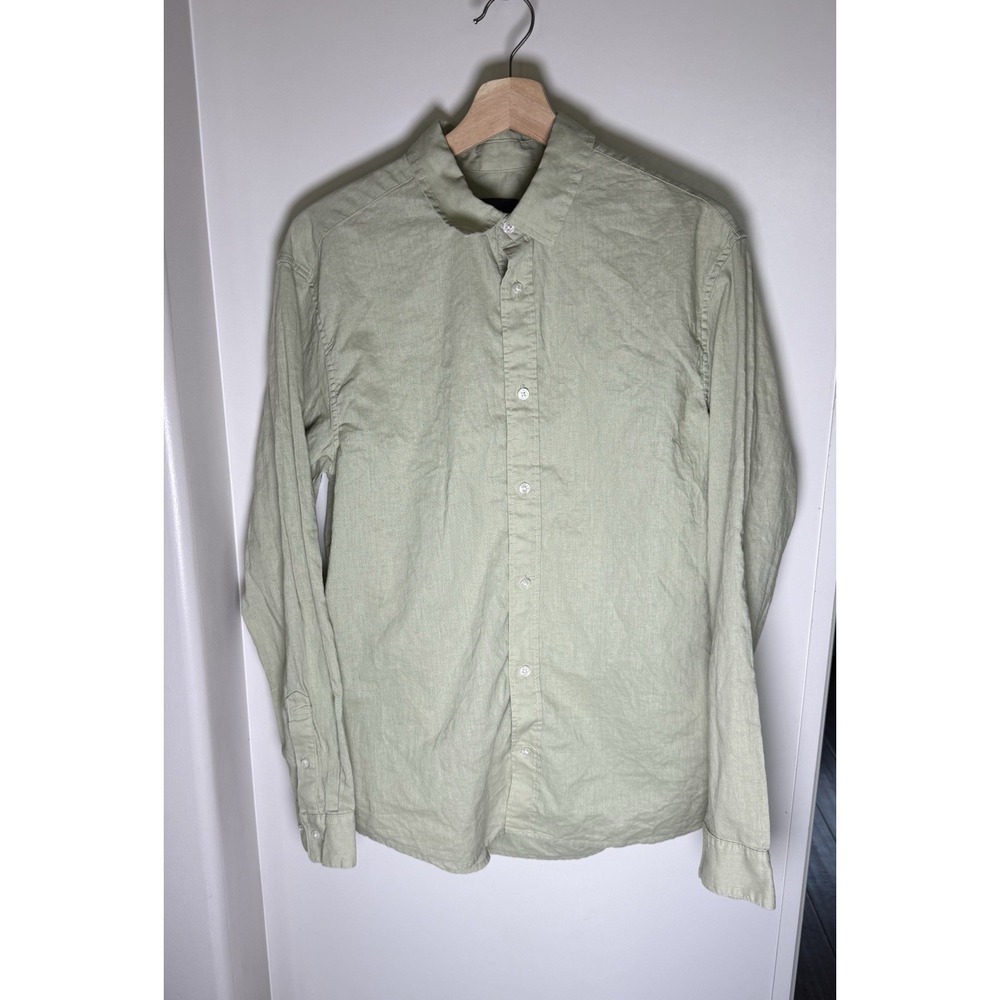 H And M Men Size Medium Green Linen Blend Long Sleeve Button Up Beach Casual